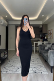 Siyah Askılı Fitilli Elbise