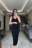 Siyah Askılı Fitilli Elbise