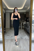 Siyah Askılı Fitilli Elbise