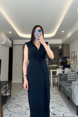 Siyah Önü Düğümlü Vatkalı Elbise