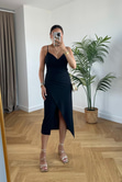 Vesta Siyah Drape Detaylı Elbise