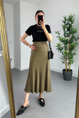 Haki Beli Lastikli Midi Boy Etek