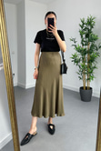 Haki Beli Lastikli Midi Boy Etek