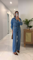 Fidra Mavi Taş Detaylı Denim Gömlek Pantolon Takım