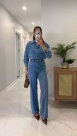 Fidra Mavi Taş Detaylı Denim Gömlek Pantolon Takım