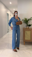 Fidra Mavi Taş Detaylı Denim Gömlek Pantolon Takım