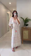 Fira Ekru Pembe İşlemeli Astarlı Elbise