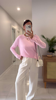 Genla Pembe Yakası Biyeli Uzun Kol Bluz