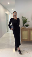 Gente Siyah Uzun Kol Fitilli Elbise