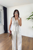Gisa Beyaz Lastik Detaylı Bluz Astarlı Pantolon Takım