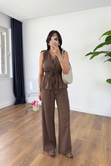 Gisa Kahve Lastik Detaylı Bluz Pantolon Takım