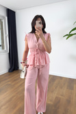 Gisa Pembe Lastik Detaylı Bluz Pantolon Takım