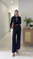 Gita Dark Blue Kemerli Kesik Paça Straight Jean