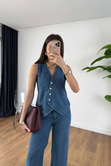 Gulas Mavi Denim Yelek Pantolon Takım