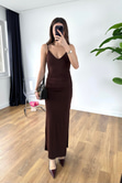 Helan Çikolata Kahve Askılı Drape Elbise