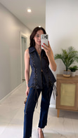 Hotres Kot Mavi Denim Korseli Gömlek