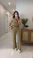 Janly Olive Kemerli Bluz Pantolon Takım