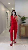 Joylie Kırmızı Mavi Çıtçıt Düğme Detaylı Keten Takım