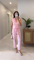 Joylie Pembe Çıtçıt Düğme Detaylı Keten Takım