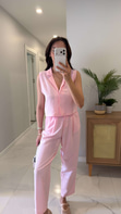 Joylie Pembe Çıtçıt Düğme Detaylı Keten Takım