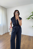 July Lacivert Kendinden Bağlamalı Fermuarlı Bluz Pantolon Takım