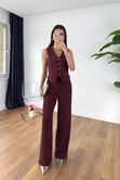 Junika Bordo Beli Lastikli Pantolon Yelekli Takım