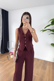 Junika Bordo Beli Lastikli Pantolon Yelekli Takım