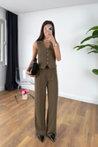 Junika Olive Beli Lastikli Pantolon Yelekli Takım