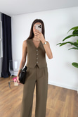 Junika Olive Beli Lastikli Pantolon Yelekli Takım