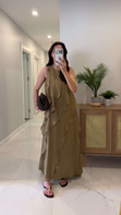 Kinda Olive Fırfır Detaylı Astarlı Kolsuz Elbise