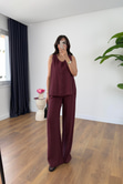 Leyona Bordo V Yaka Bluz Pantolon Takım