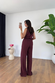 Leyona Bordo V Yaka Bluz Pantolon Takım