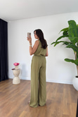 Leyona Olive V Yaka Bluz Pantolon Takım