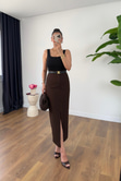 Lolita Kahve Önden Yırtmaç Detaylı Maxi Boy Etek