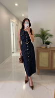Lonesa Dark Blue Gold Düğme Detaylı Kemerli Elbise