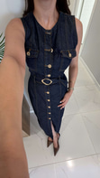 Lonesa Dark Blue Gold Düğme Detaylı Kemerli Elbise