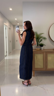 Lonesa Dark Blue Gold Düğme Detaylı Kemerli Elbise