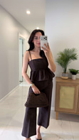 Maksy Kahve Desenli Askılı Bluz Pantolon Takım