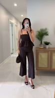 Maksy Kahve Desenli Askılı Bluz Pantolon Takım