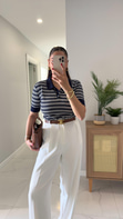 MD Guyna Lacivert Ekru Polo Yaka Çizgili Triko