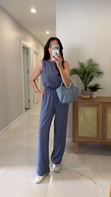 MD Vude İndigo Çizgili Kolsuz Bluz Pantolon Takım