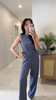 MD Vude İndigo Çizgili Kolsuz Bluz Pantolon Takım