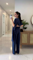 Mirana Lacivert Vatkalı Şal Bluz Pantolon Takım