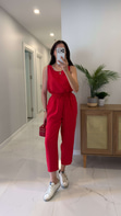 Mone Kırmızı Tensel Kolsuz Bluz Pantolon Takım