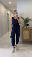 Mone Lacivert Tensel Kolsuz Bluz Pantolon Takım
