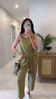 Mone Olive Tensel Kolsuz Bluz Pantolon Takım