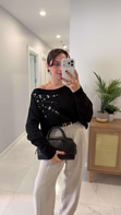 Nonre Siyah Omuzu Taş Detaylı Triko