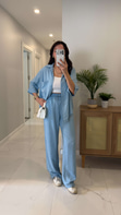 Oxford Buz Mavi Yarım Kol Tensel Denim Takım