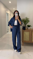 Oxford Koyu Mavi Yarım Kol Tensel Denim Takım