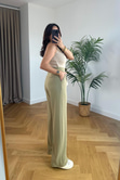 Venda Olive Beli Cırtcırtlı Esnek Palazzo Pantolon